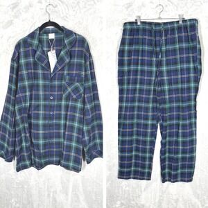 SIORO Mens Pajama Set XL Blue Green Plaid 100% Cotton Button Front NWT 2204